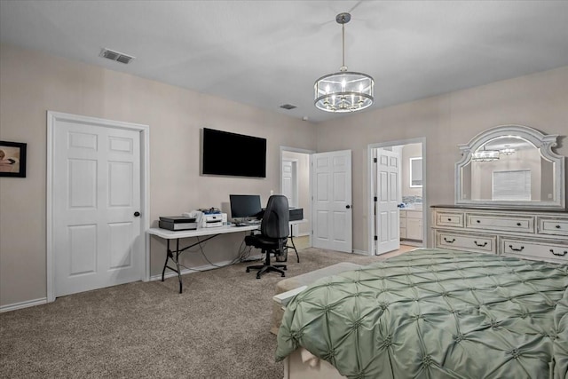 114 Deer Run, Moody, TX 76557 - bedroom with a chandelier, light colored carpet, baseboards, a desk, and ensuite bathroom