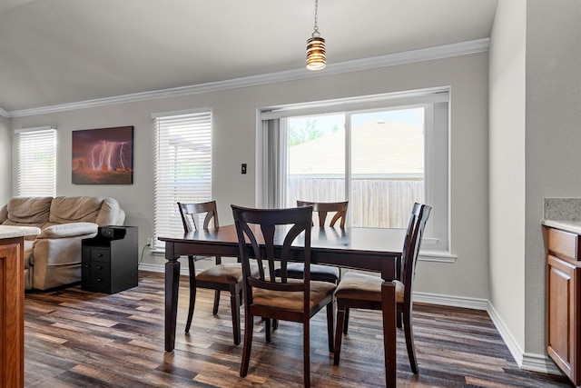 14137 Playa Trl, Fort Worth, TX 76052 - dining space with crown molding, dark wood-type flooring, healthy amount of natural light, and baseboards