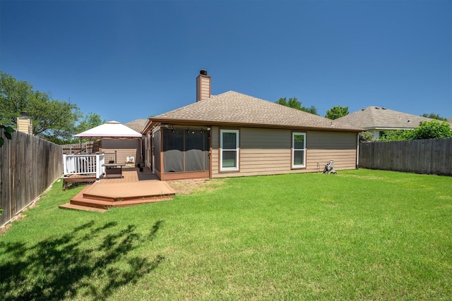 14137 Playa Trl, Fort Worth, TX 76052 - rear view of house with a gazebo, a deck, a chimney, and roof with shingles