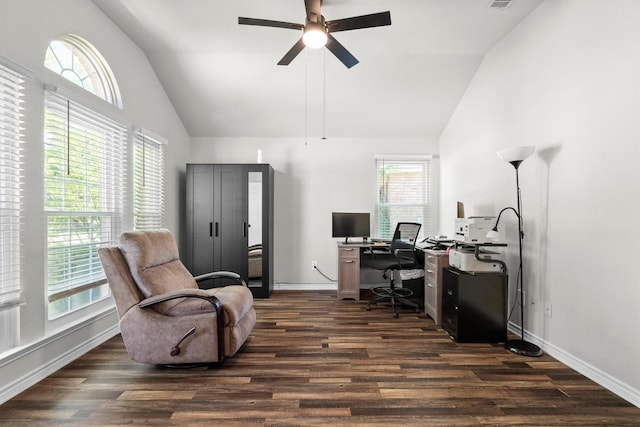 14137 Playa Trl, Fort Worth, TX 76052 - office area with vaulted ceiling, dark wood-type flooring, ceiling fan, and baseboards