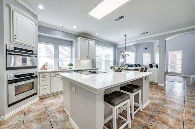 11543 Las Polamas Dr, Frisco, TX 75033 - kitchen with crown molding, a sink, a center island, white cabinetry, and healthy amount of natural light
