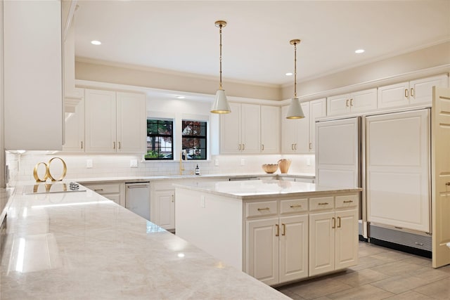 7 Duncannon Ct, Dallas, TX 75225 - kitchen with tasteful backsplash, light stone countertops, ornamental molding, white cabinets, and recessed lighting