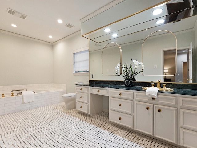 7 Duncannon Ct, Dallas, TX 75225 - bathroom featuring ornamental molding, a garden tub, vanity, toilet, and recessed lighting