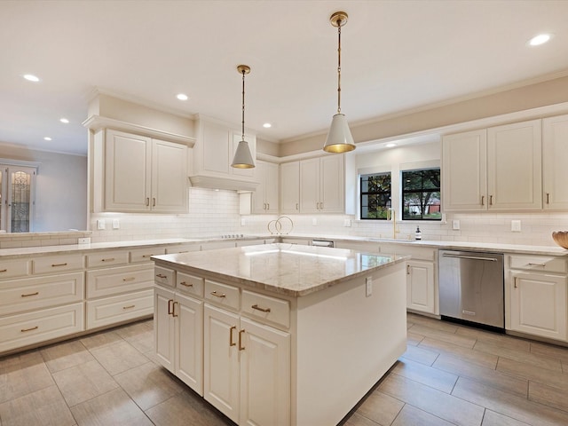 7 Duncannon Ct, Dallas, TX 75225 - kitchen with dishwasher, crown molding, tasteful backsplash, a kitchen island, and white cabinets