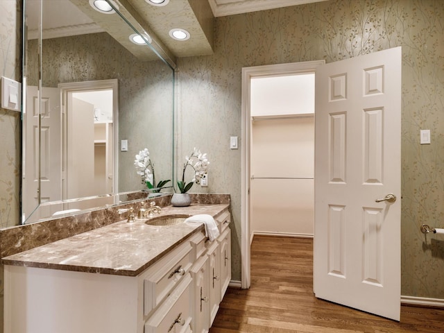 7 Duncannon Ct, Dallas, TX 75225 - bathroom featuring wallpapered walls, wood finished floors, and vanity