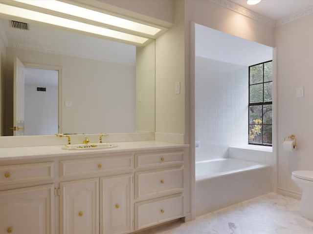 7 Duncannon Ct, Dallas, TX 75225 - full bath with a bath, vanity, toilet, and marble look tile flooring