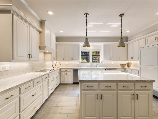 7 Duncannon Ct, Dallas, TX 75225 - kitchen featuring ornamental molding, a kitchen island, electric cooktop, tasteful backsplash, and paneled refrigerator