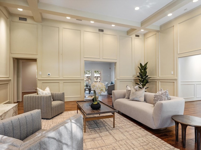 7 Duncannon Ct, Dallas, TX 75225 - living area with a decorative wall, beam ceiling, wood finished floors, and coffered ceiling