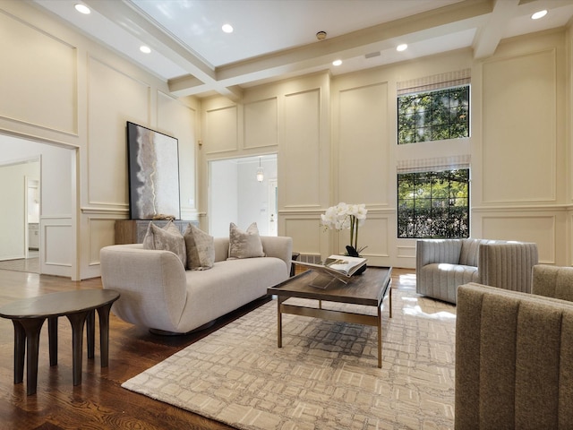 7 Duncannon Ct, Dallas, TX 75225 - lobby featuring a decorative wall, beamed ceiling, coffered ceiling, and recessed lighting