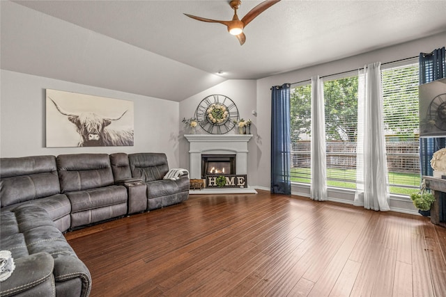 1917 Winter Hawk Dr, Fort Worth, TX 76177 - living room featuring a glass covered fireplace, a ceiling fan, vaulted ceiling, and wood finished floors