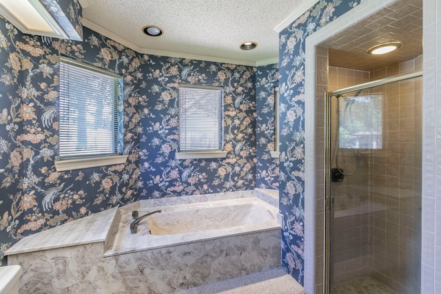 1604 Oak Hollow Dr, Woodway, TX 76712 - full bathroom featuring ornamental molding, a garden tub, a stall shower, a textured ceiling, and toilet