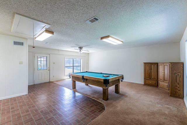 1604 Oak Hollow Dr, Woodway, TX 76712 - game room featuring pool table, baseboards, a textured ceiling, attic access, and ceiling fan