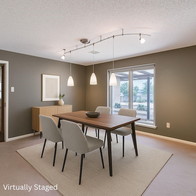 1604 Oak Hollow Dr, Woodway, TX 76712 - carpeted dining space featuring rail lighting, baseboards, and a textured ceiling