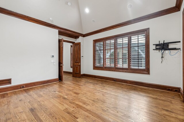 44 Armstrong Dr, Frisco, TX 75034 - unfurnished room featuring high vaulted ceiling, baseboards, light wood finished floors, and ornamental molding