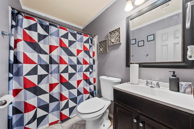 1012 Hatton St, Waco, TX 76704 - bathroom featuring vanity, crown molding, toilet, a shower with shower curtain, and a textured wall