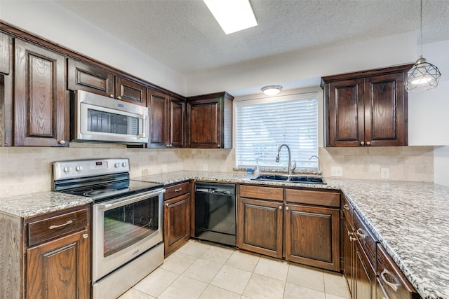2505 Blue Quail Dr, Arlington, TX 76017 - kitchen featuring appliances with stainless steel finishes, a sink, a textured ceiling, decorative backsplash, and light tile patterned floors
