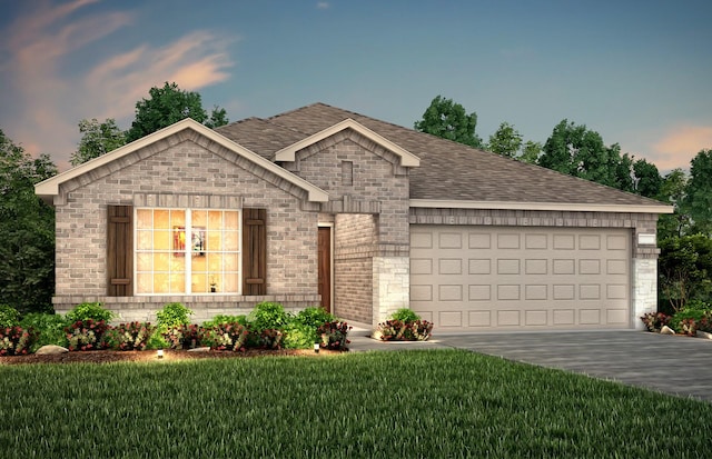 2804 Pecan Park Dr, Denton, TX 76208 - ranch-style home with a garage, a shingled roof, concrete driveway, brick siding, and a yard