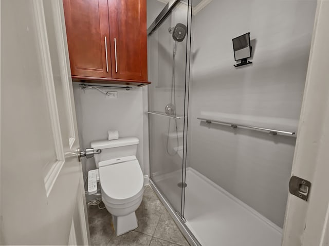2727 Shelby Ave Unit X, Dallas, TX 75219 - bathroom with toilet, a stall shower, and tile patterned flooring