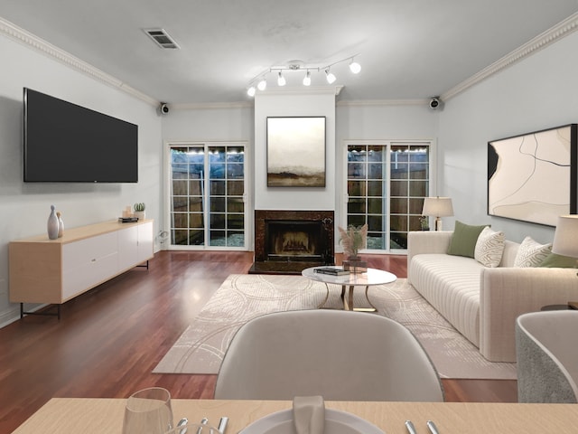 2727 Shelby Ave Unit X, Dallas, TX 75219 - living area featuring wood finished floors, ornamental molding, and a high end fireplace
