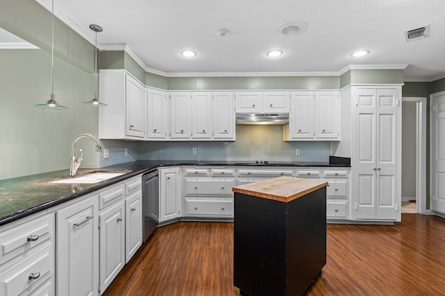 3410 Timbermill Rd, Waco, TX 76710 - kitchen featuring a sink, wood counters, dishwasher, dark wood-style flooring, and under cabinet range hood