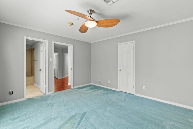 3410 Timbermill Rd, Waco, TX 76710 - unfurnished bedroom featuring carpet, crown molding, baseboards, connected bathroom, and ceiling fan