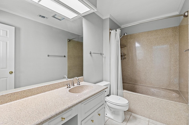 3410 Timbermill Rd, Waco, TX 76710 - full bathroom featuring shower / bath combination with curtain, vanity, toilet, tile patterned flooring, and ornamental molding