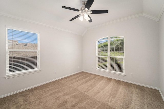 2005 Timber Cove Ct, Weatherford, TX 76087 - spare room featuring vaulted ceiling, carpet floors, ornamental molding, a ceiling fan, and baseboards