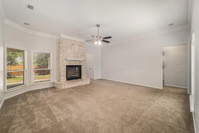 2005 Timber Cove Ct, Weatherford, TX 76087 - unfurnished living room with crown molding, carpet, ceiling fan, a stone fireplace, and baseboards