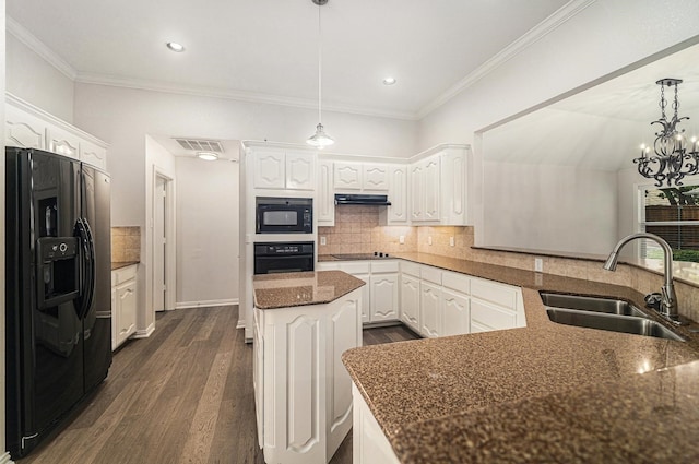 2005 Timber Cove Ct, Weatherford, TX 76087 - kitchen featuring black appliances, a sink, a center island, white cabinetry, and under cabinet range hood