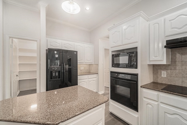 2005 Timber Cove Ct, Weatherford, TX 76087 - kitchen featuring black appliances, white cabinets, backsplash, dark stone counters, and ornamental molding