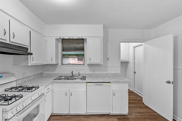 2541 Mecom Dr, Shreveport, LA 71104 - kitchen featuring white appliances, under cabinet range hood, a sink, and white cabinetry