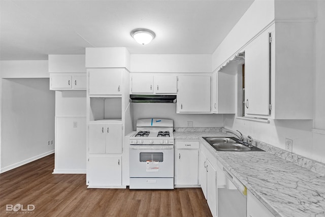 2541 Mecom Dr, Shreveport, LA 71104 - kitchen featuring white appliances, a sink, extractor fan, dark wood-style floors, and white cabinetry