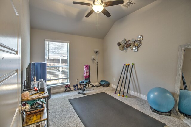 3609 Honey Suckle Ln, Little Elm, TX 75068 - workout area with carpet, a ceiling fan, vaulted ceiling, and baseboards