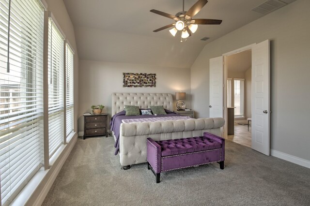 3609 Honey Suckle Ln, Little Elm, TX 75068 - bedroom with light colored carpet, lofted ceiling, ceiling fan, and baseboards
