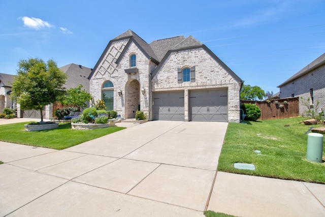 3609 Honey Suckle Ln, Little Elm, TX 75068 - french country home with brick siding, a garage, driveway, and stone siding