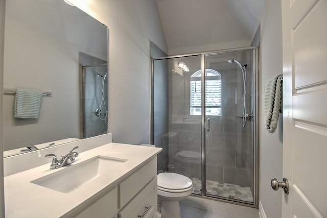 3609 Honey Suckle Ln, Little Elm, TX 75068 - full bath with toilet, vanity, a stall shower, vaulted ceiling, and tile patterned floors