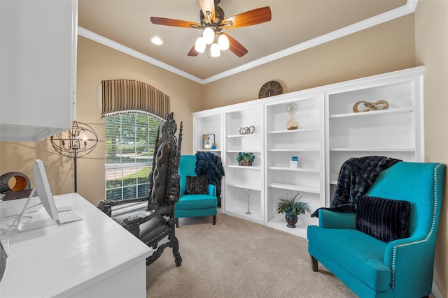 1300 Enchanted Rock Cir, Waco, TX 76712 - carpeted home office featuring crown molding, a ceiling fan, and recessed lighting