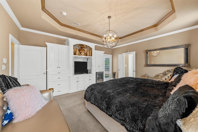 1300 Enchanted Rock Cir, Waco, TX 76712 - bedroom with a raised ceiling, crown molding, a chandelier, and light carpet