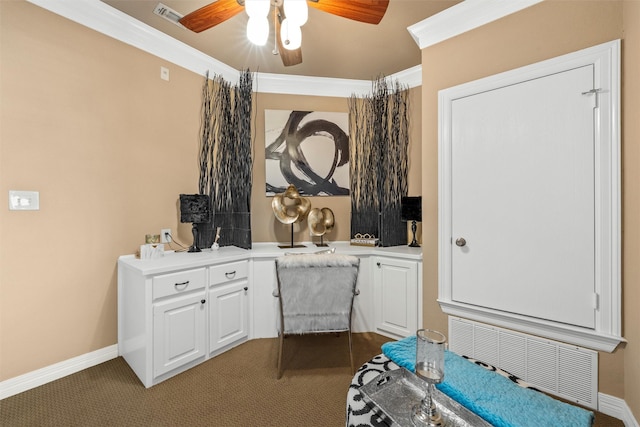 1300 Enchanted Rock Cir, Waco, TX 76712 - bedroom featuring dark colored carpet, crown molding, baseboards, and a ceiling fan