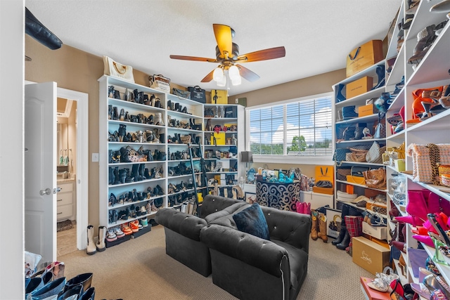 1300 Enchanted Rock Cir, Waco, TX 76712 - walk in closet featuring carpet flooring and a ceiling fan