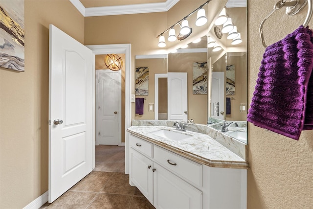 1300 Enchanted Rock Cir, Waco, TX 76712 - bathroom featuring ornamental molding, vanity, and tile patterned floors
