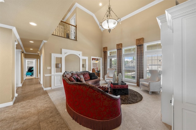 1300 Enchanted Rock Cir, Waco, TX 76712 - living area with light carpet, ornamental molding, light tile patterned floors, baseboards, and recessed lighting