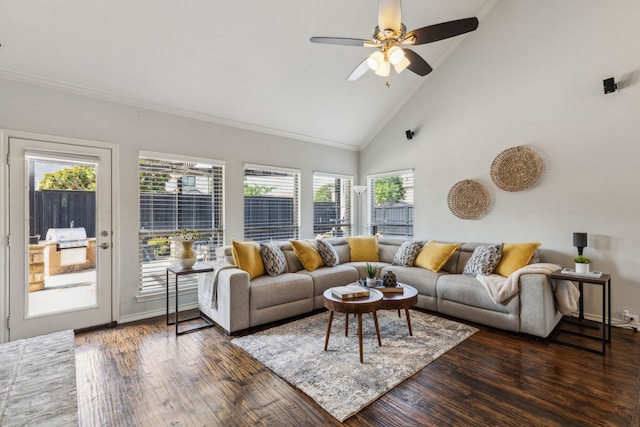 2398 April Sound Ln, Frisco, TX 75033 - living area with ceiling fan, dark wood-style floors, healthy amount of natural light, high vaulted ceiling, and crown molding