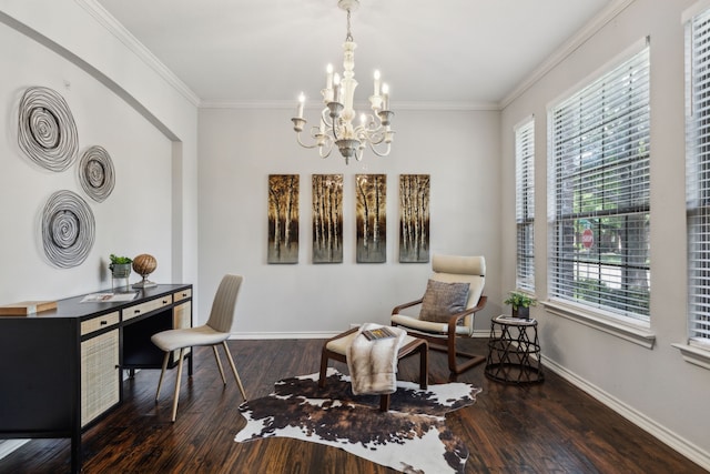 2398 April Sound Ln, Frisco, TX 75033 - sitting room featuring a chandelier, wood finished floors, baseboards, and crown molding