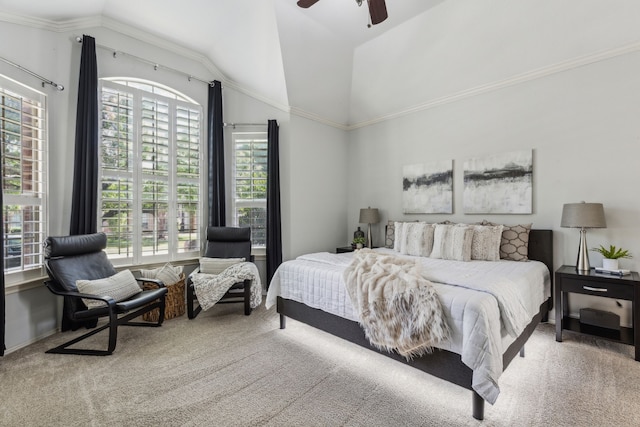 2398 April Sound Ln, Frisco, TX 75033 - bedroom with carpet, lofted ceiling, a ceiling fan, and ornamental molding