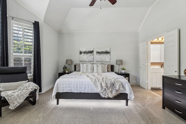 2398 April Sound Ln, Frisco, TX 75033 - bedroom with lofted ceiling, light colored carpet, ornamental molding, ensuite bath, and a ceiling fan