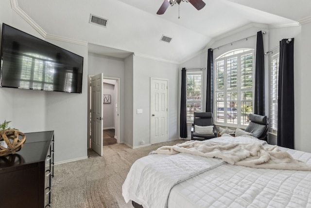 2398 April Sound Ln, Frisco, TX 75033 - carpeted bedroom with lofted ceiling, baseboards, ornamental molding, and ceiling fan
