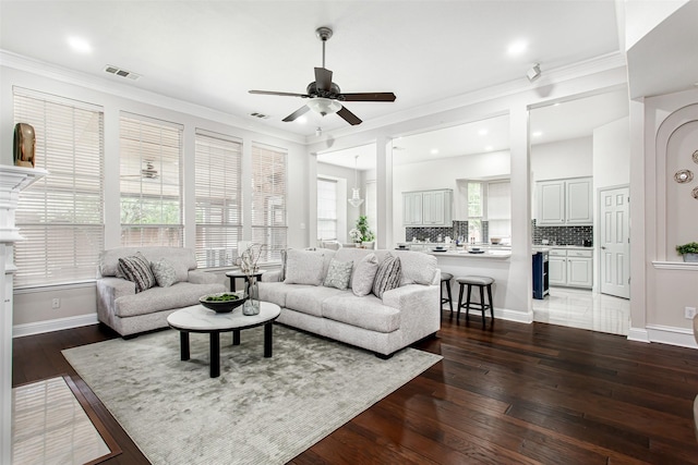 3700 Wagon Wheel Ct, Richardson, TX 75082 - living area featuring ceiling fan, hardwood / wood-style floors, crown molding, and recessed lighting