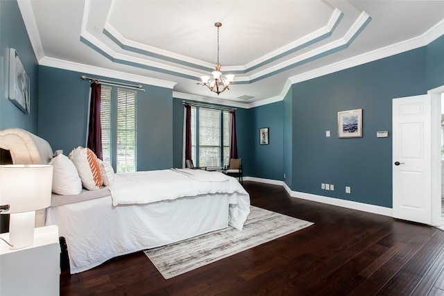 3700 Wagon Wheel Ct, Richardson, TX 75082 - bedroom featuring a raised ceiling, dark wood-type flooring, crown molding, and a chandelier