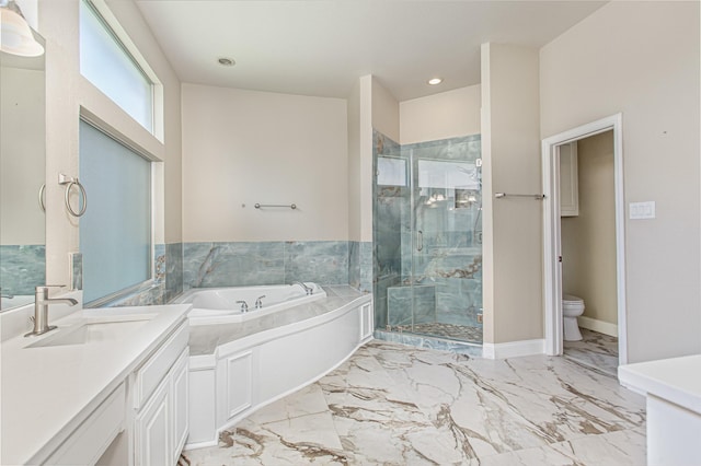 3700 Wagon Wheel Ct, Richardson, TX 75082 - full bath with vanity, a bath, a stall shower, marble finish floors, and recessed lighting